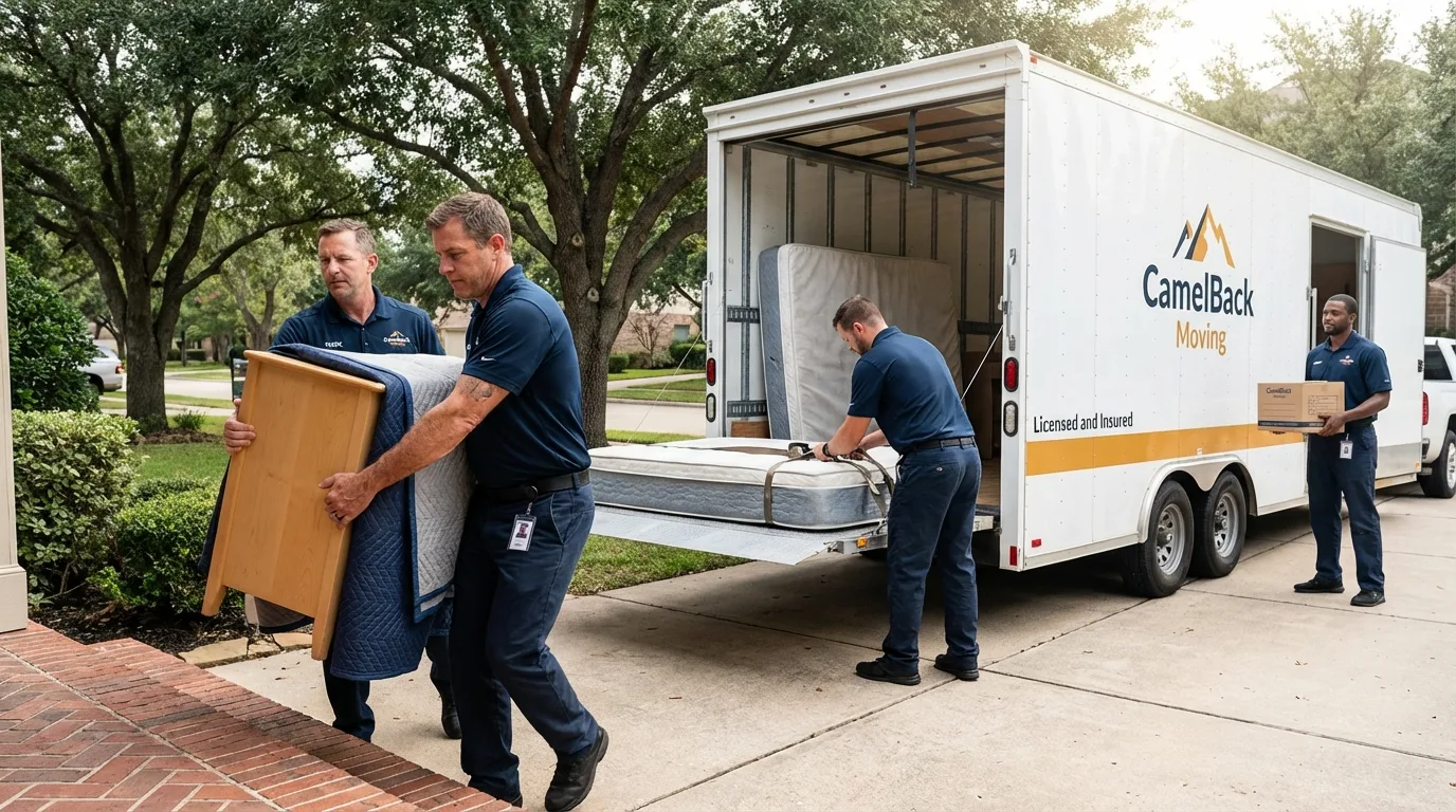 Crew loading residential truck for cross-state move from Stanton, TX