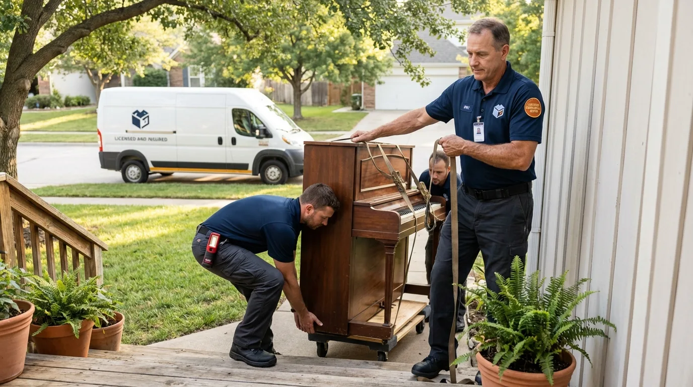 Licensed piano movers securing grand piano in Stanton, TX