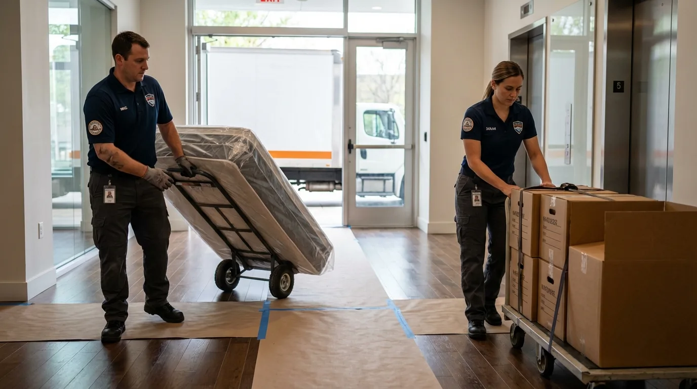 Professional apartment movers loading elevator in Stanton, TX